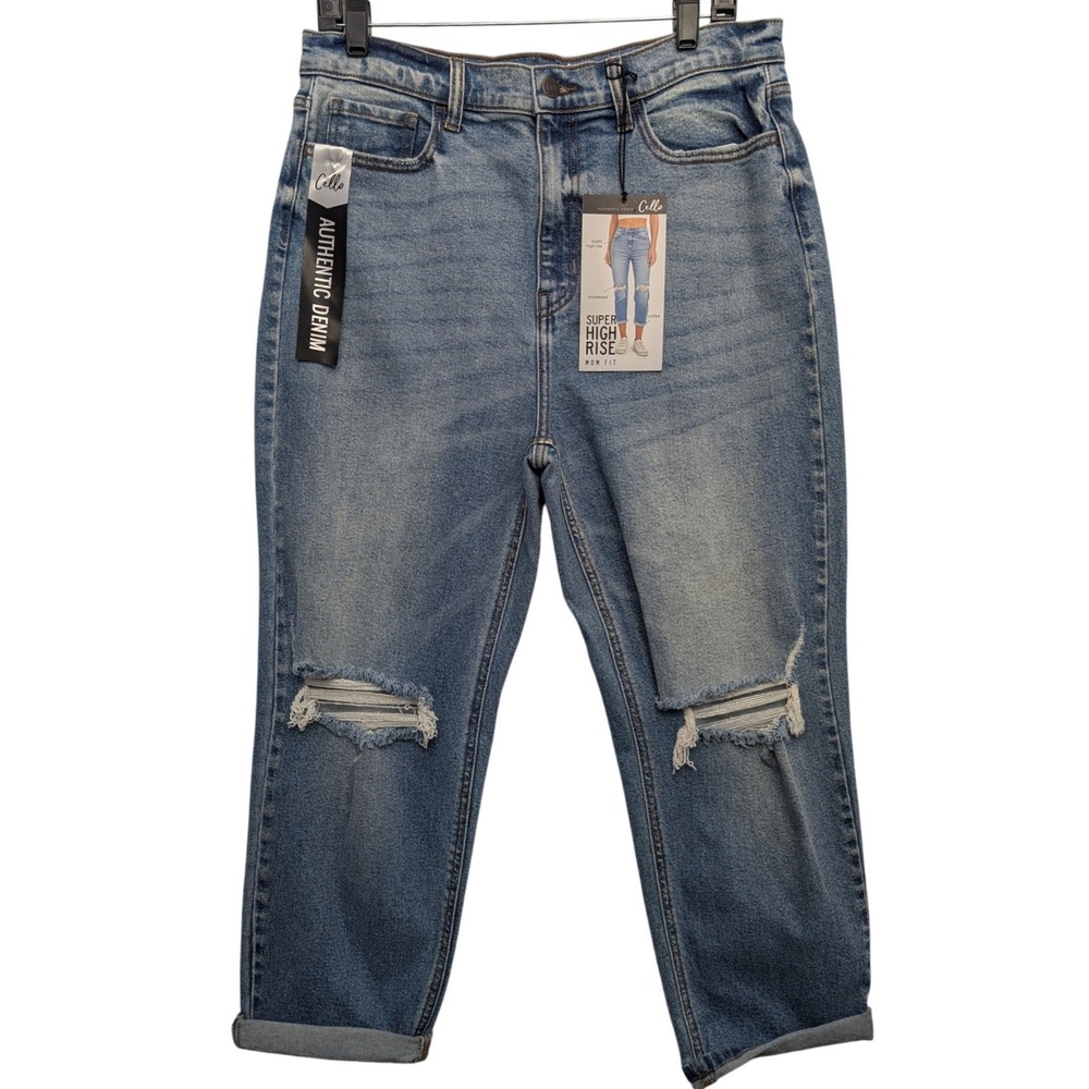 NWT Cello Super High Rise Mom Fit Jeans Womens 15/32 Blue Distressed WV19012M-MD
